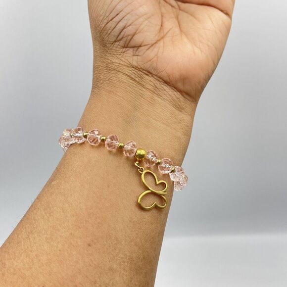 Women Pink Cristal Bracelet Beads With Metal Butterfly Gold Tone - Picture 4 of 8
